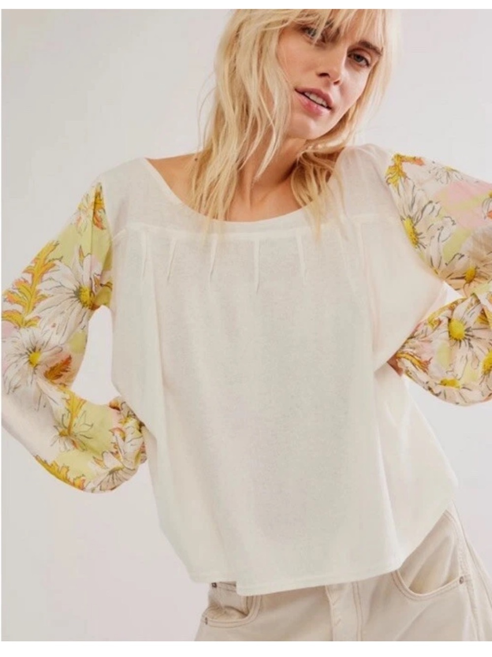 Free People Picking Petals Top Women’s XL Oversized Mixed Materials Ivory Boho